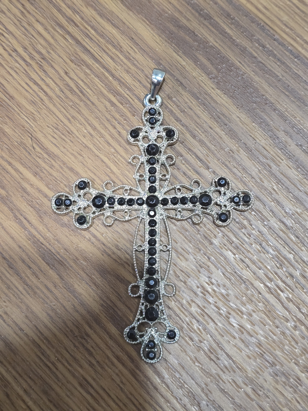 Vintage Gothic Ornate Silver Filigree Black Rhinestone Cross Pendant